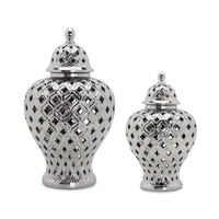 silver ceramic ginger jar with lid living room desktop universal storage jar luxury art vase hollow pattern home decor craft