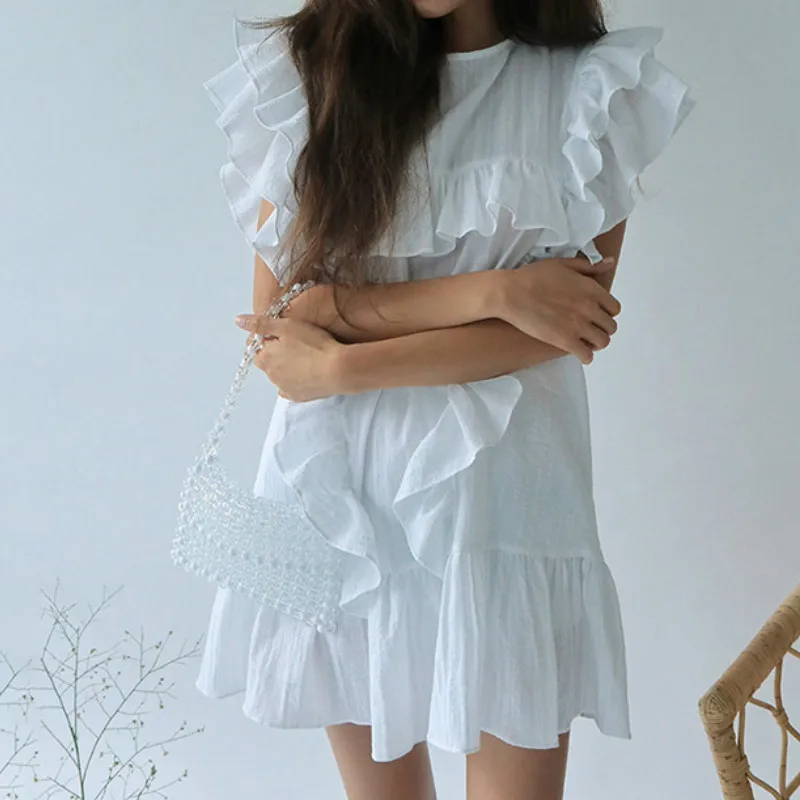 

Винтажное Хлопковое платье с оборками, круглым вырезом и рукавом-бабочкой