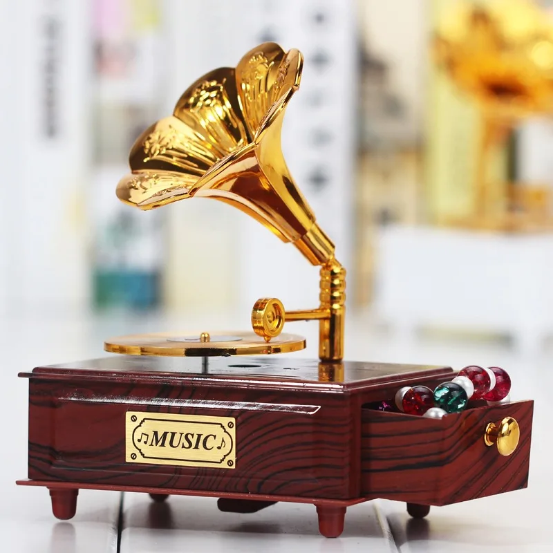 Retro Gramophone Drawer Music Box for Home Decor Wedding Birthday Gift Figurine Hand Crank Carousel Musical |