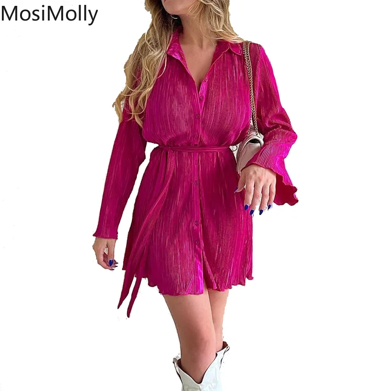 

Женское плиссированное платье с бантом, мини-платье на пуговицах спереди, платье-рубашка с длинным рукавом, Элегантное повседневное платье,...