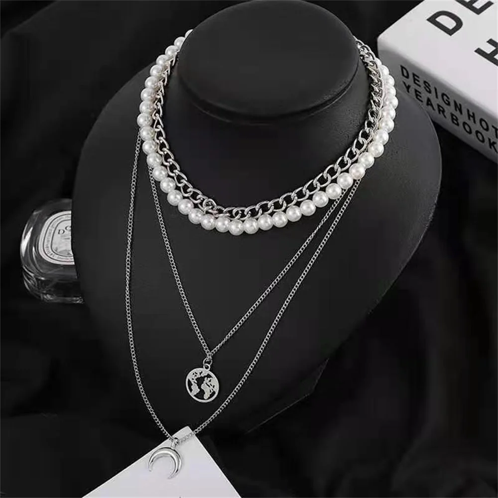 

Fashion pearl OX Horn Pendant Necklace personality multi-layer earth crescent hip-hop neck chain women's gift