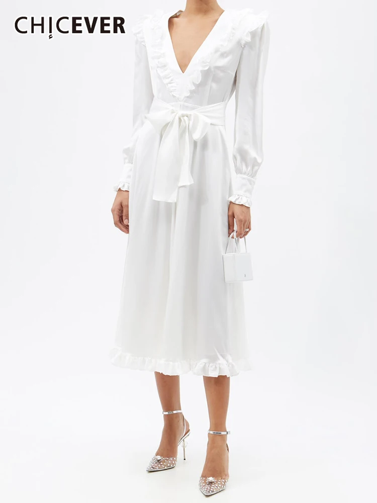 

CHICEVER Korean Fashion Dress For Women V Neck Long Sleeve High Waist Frill Trim Solid Midi Dresses Female Spring Clothing 2022
