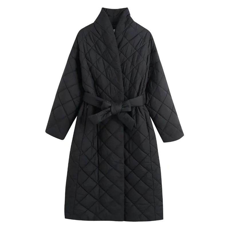 Fall/Winter 2023 Women's Loose Thin Waist Lace-up Jacket Temperament Commuter Lingge Pressing Line Mid-length Cotton Jacket