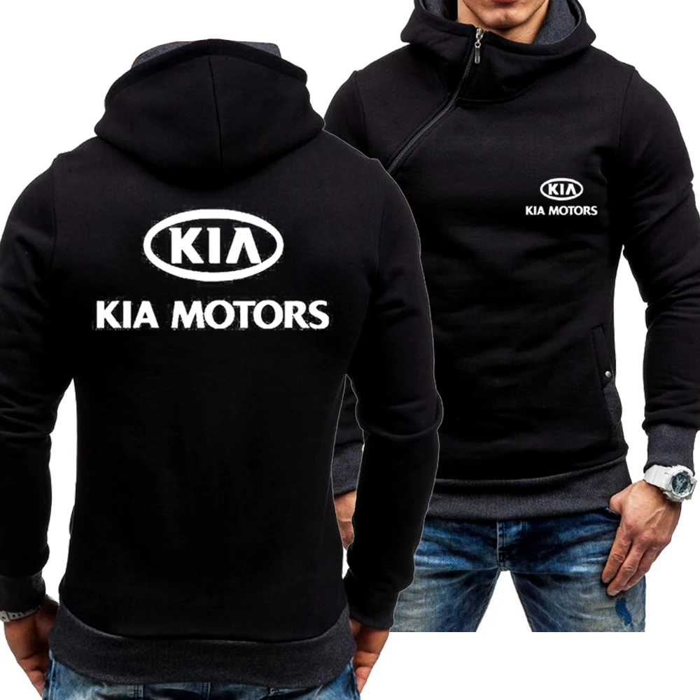 

New Men's Casual Spring Autumn KIA Motors Logo Hoodie Skew Zipper Long Sleeve Fashion Zip Hoody Sweatshirt Jacket 4 Colors