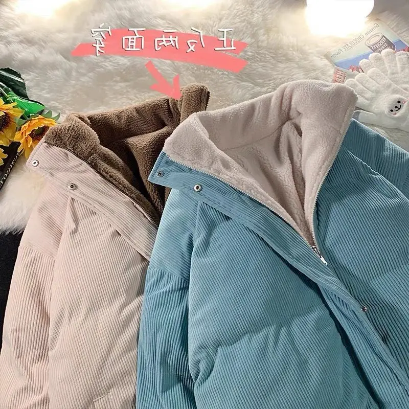 2023 Winter Women Corduroy Jacket Vintage Lamb Fleece Cotton Parkas Coat Fashion Thick Warm Clothes Loose Double-sided Outerwear