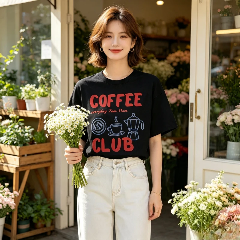 Топы в стиле Y2K, креативные футболки с принтом Coffee Club Everyday 7Am 11Amprint, женские футболки, универсальные женские футболки, повседневный топ с круглым вырезом, летний топ (art.: 3920dc76ee134) - 3920dc76ee134