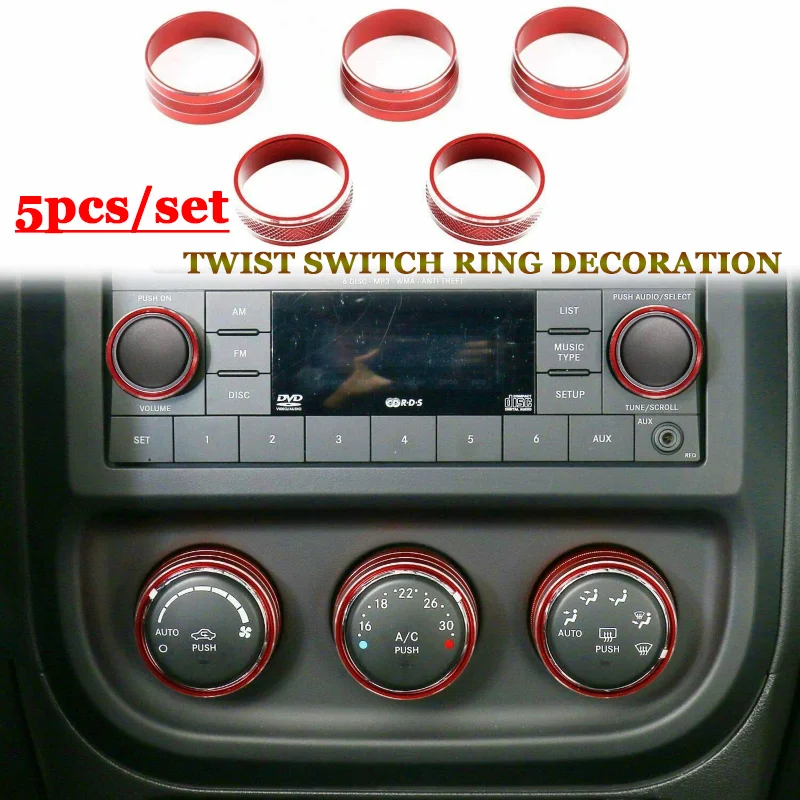 

5Pcs Car CD Audio Button Cover Knob Decorative Ring Fit for Wrangler JK JKU 2011-2018 for Jeep Compass/Patriot 2010-2015