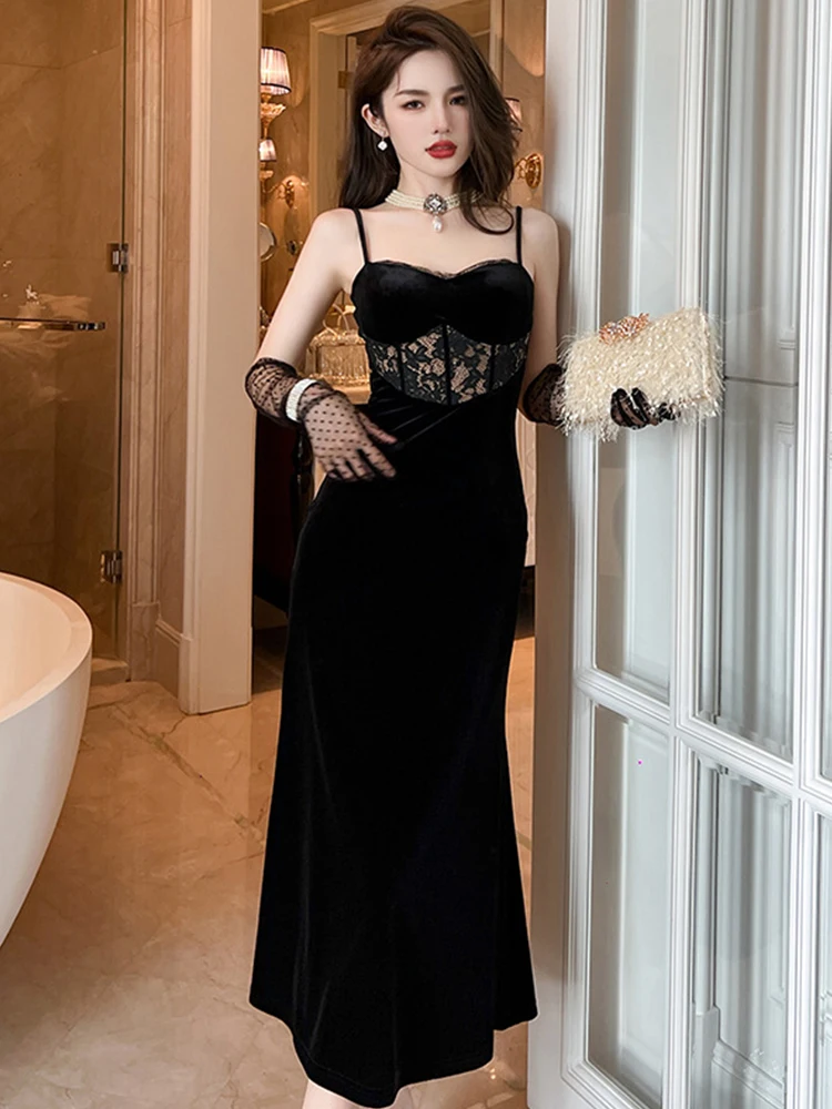 Женское длинное платье в стиле ретро сексуальное бархатное на бретельках с