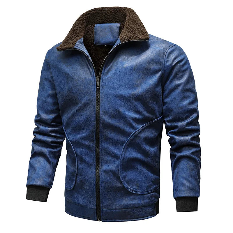 

2023 Men's New Autumn Faux Fur Integrated Warm Leather Jacket Youth Casual Fur Collar Fleece Leather Jacket