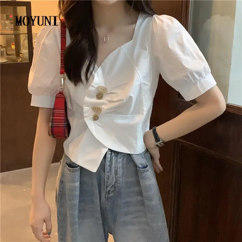 

Summer Kawali Elegant Blouse Women Puff Sleeve Sexy Button Designer Chiffon Blouse Shirt Female Casual Sweet Korean Tops 2021