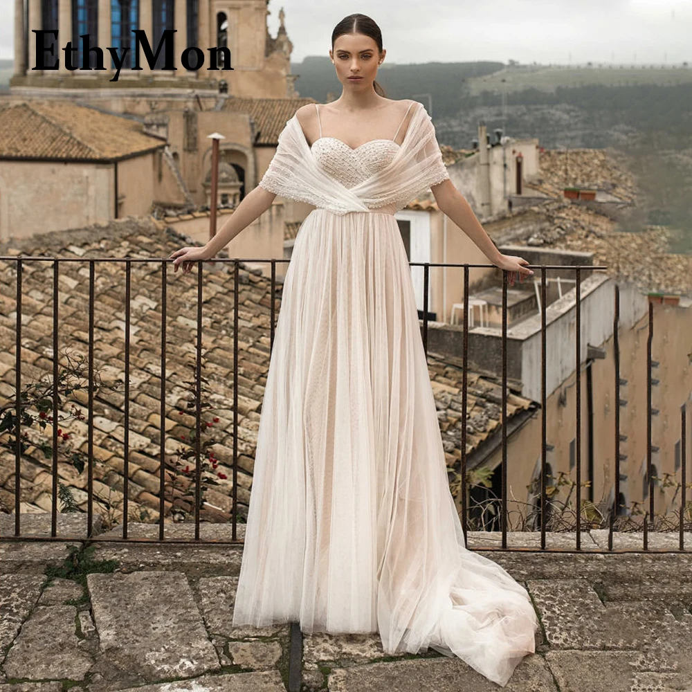

Ethymon Sweep Train Elegant Wedding Dresses For Women 2023 Beadings Button Off the Shoulder A-LINE Robe De Mariée Made To Order