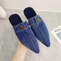 denim mule slides women 2022 brand design point toe sandals ladies summer chic canvas slippers casual flat outdoor shoes