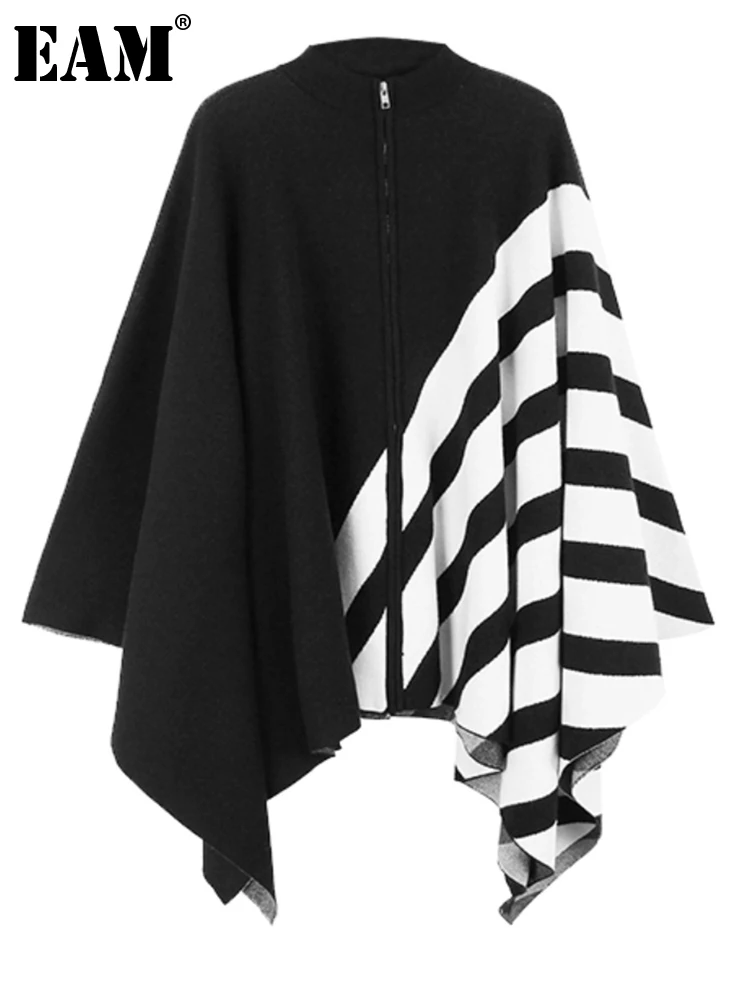 

[EAM] Irregular Striped Big Size Knitting Cardigan Sweater Turtleneck Long Sleeve Women New Fashion Spring Autumn 2023 1DH2745