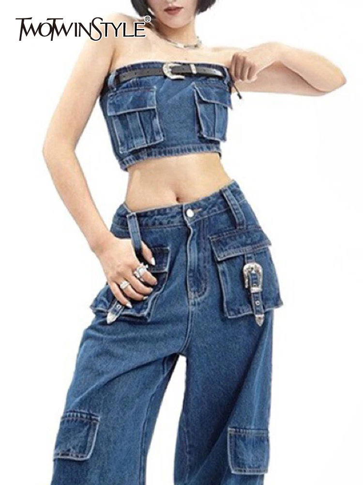 

TWOTWINSTYLE Solid Patchwork Pockets Vest Strapless Sleeveless Spliced Zipper Sexy Tank Top Summer Female Fashion Clothing 2023