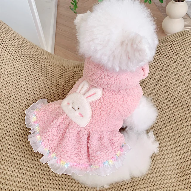 Pink Fleece Girl Pet Dresses Dog Clothes Autumn Winter Thicken Warm Chihuahua Maltese Cat Coat Jacket Costumes Puppy Animal Pugs 1