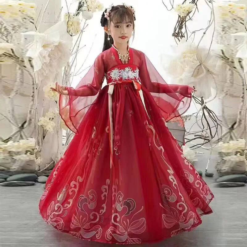 Китайское красное Повседневное платье Hanfu для девочек