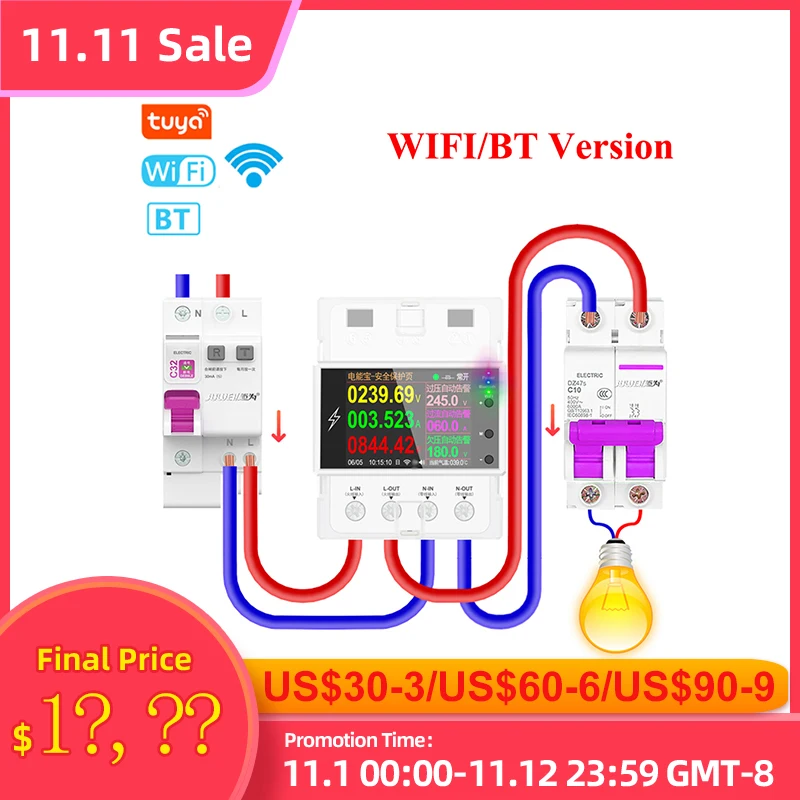 

AT4PW Tuya WIFI Din Rail Smart Switch Remote Control AC 220V 110V BT Digital Power Energy Volt Amp Kwh Frequency Factor Meter