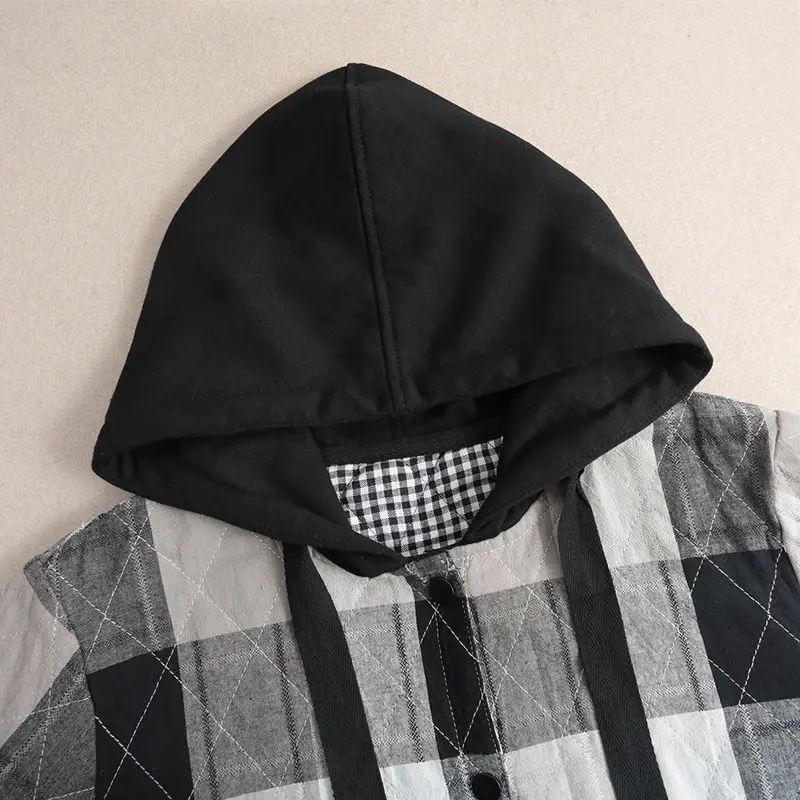 Women's Winter Clothes Long Plaid Hooded Padded Jacket Parka Jacket Plus Size Long Sleeve Top Korean Fashion Loose Free Shipping
