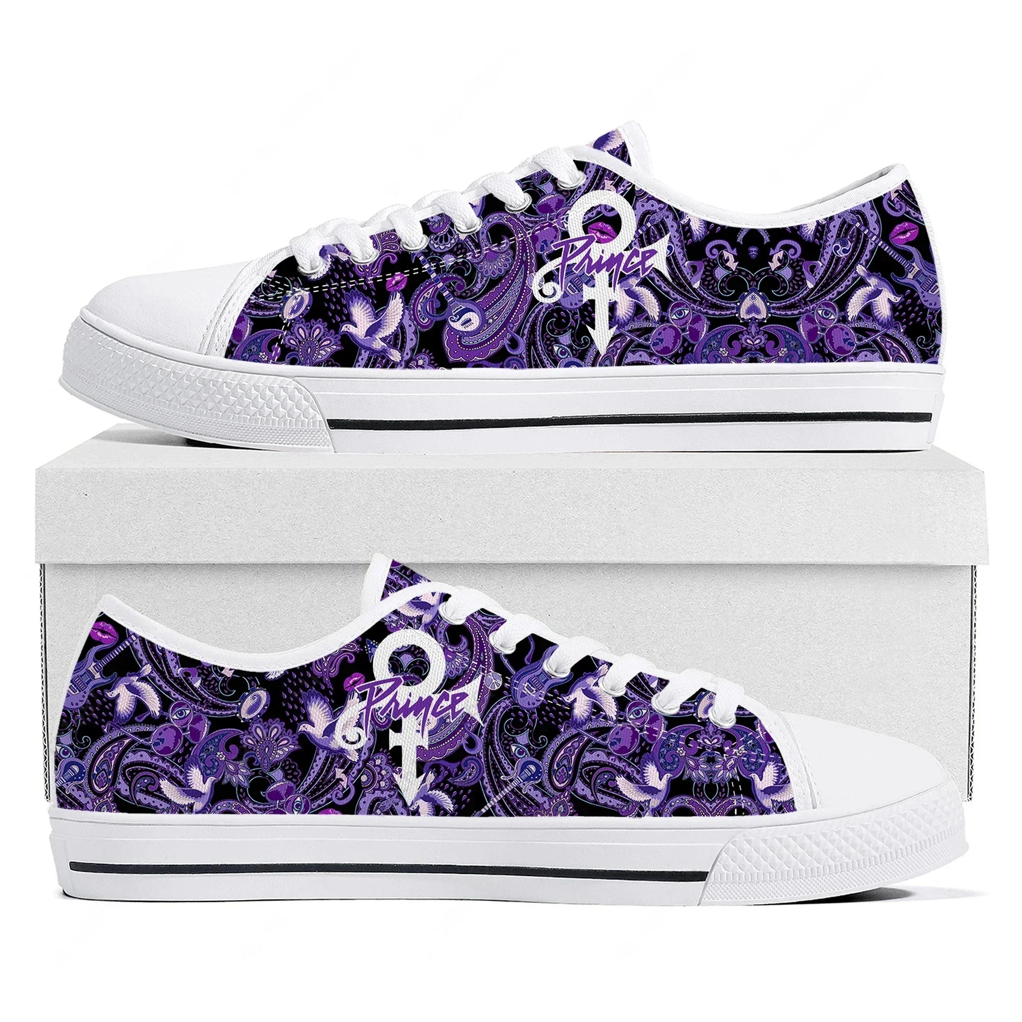Фото Кроссовки Prince Rogers Nelson Purple Rain Low Top высокого качества для мужчин, женщин и подростков, повседневные парные кеды из ткани, обувь на заказ. №1