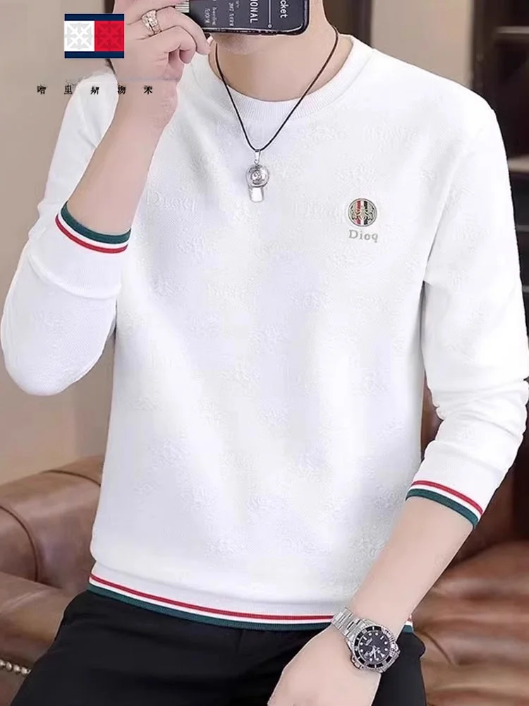  T-shirt Men's Long sleeve Spring and Autumn New High end Print Solid Bottoming Shirt round Neck Casual