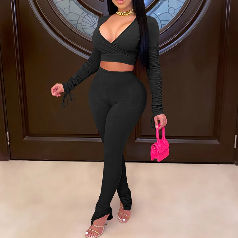 

Solid Casual Brief Navel Two Piece Outfits Woman Full Sleeve V Neck Skinny Slim Pencil 2 Piece Set Women