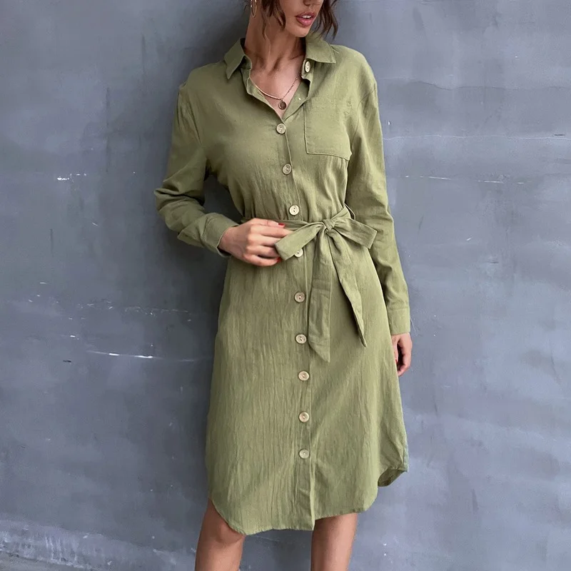 

Женское Элегантное повседневное платье-рубашка из хлопка и льна, Осеннее женское однотонное платье-туника с отложным воротником, офисное п...