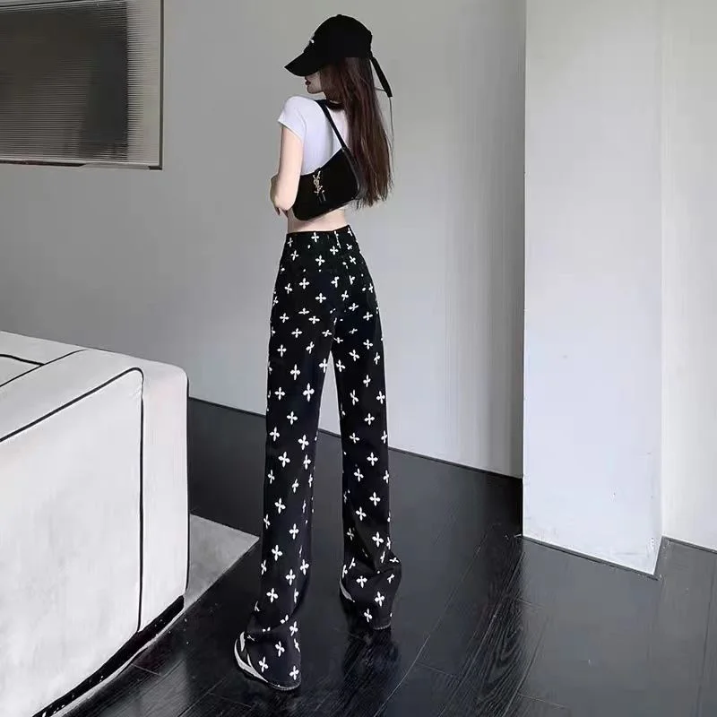 American Style Crucifix Printed Y2k Baggy Jeans Women Spring Summer Street Casual Pants Vintage High Waist Wide Leg Traf Trouser