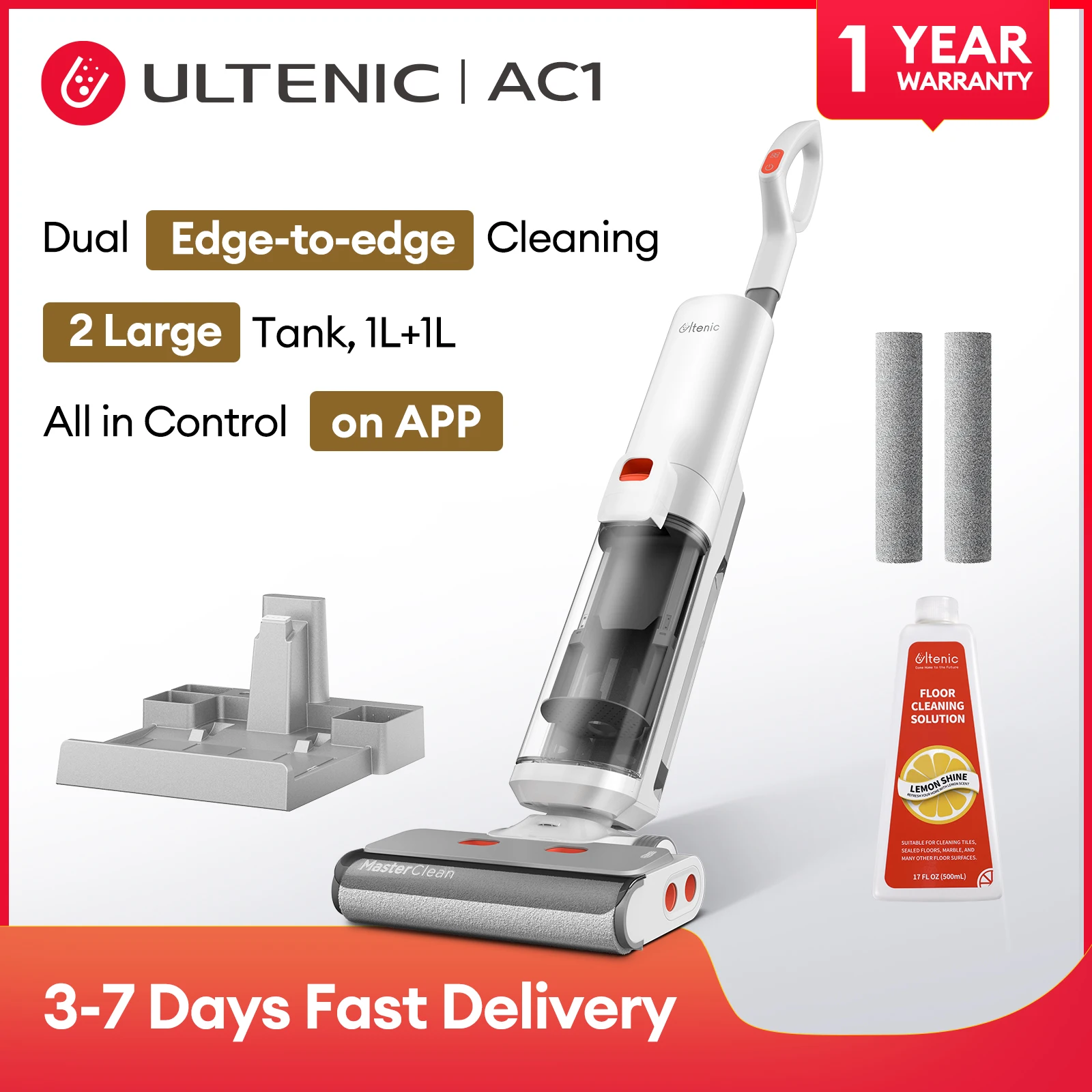 Ultenic AC1 Cordless Wet and Dry Vacuum Cleaner, Vacuum Mop All-in-One Combo for Hard Floor Cleaning