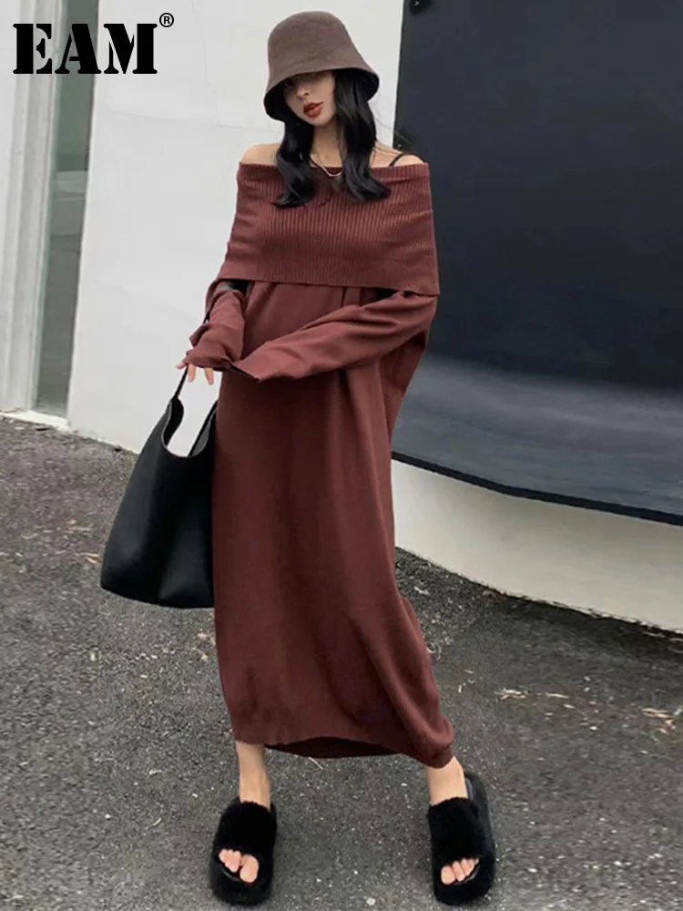 

[EAM] Women Black Casual Big Size Knitting Dress New Slash Neck Long Sleeve Loose Fit Fashion Tide Spring Autumn 2023 1DF3792