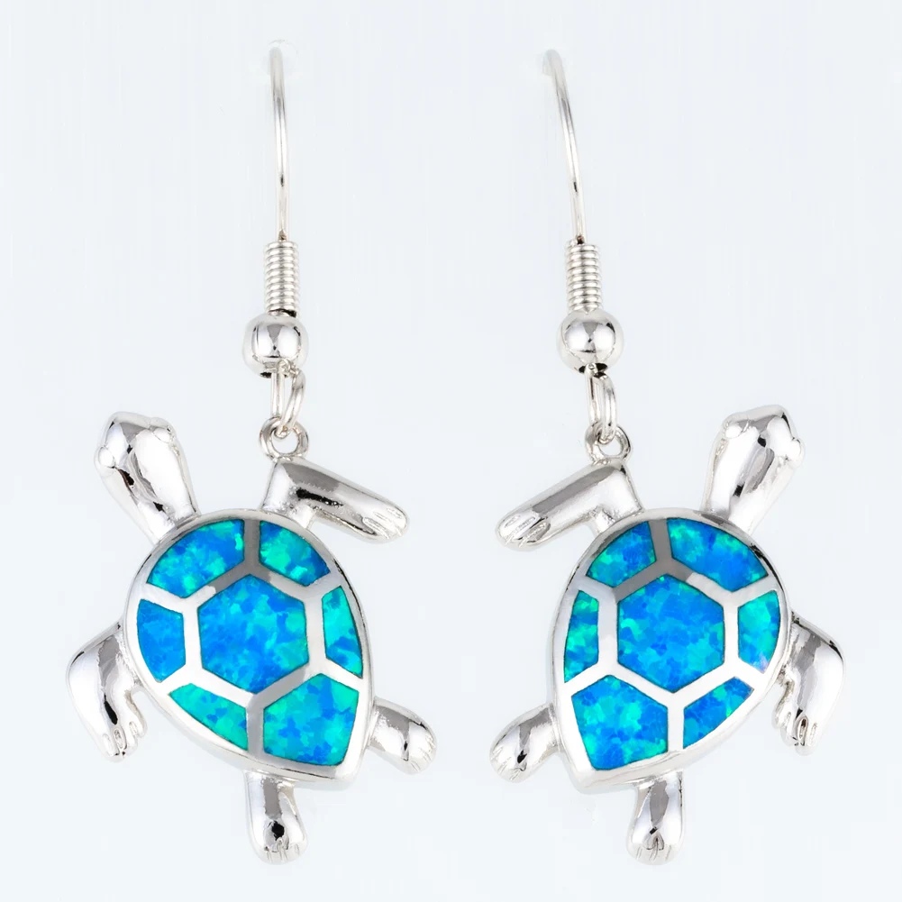 

KONGMOON Green Sea Turtle Ocean Blue Fire Opal Silver Plated Jewelry for Women Dangle Drop Earrings