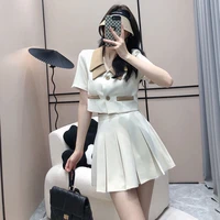 2022 summer womens fashion luxury two piece ser korean style casual short suit top high waist pleated skirt suit 2 piece set