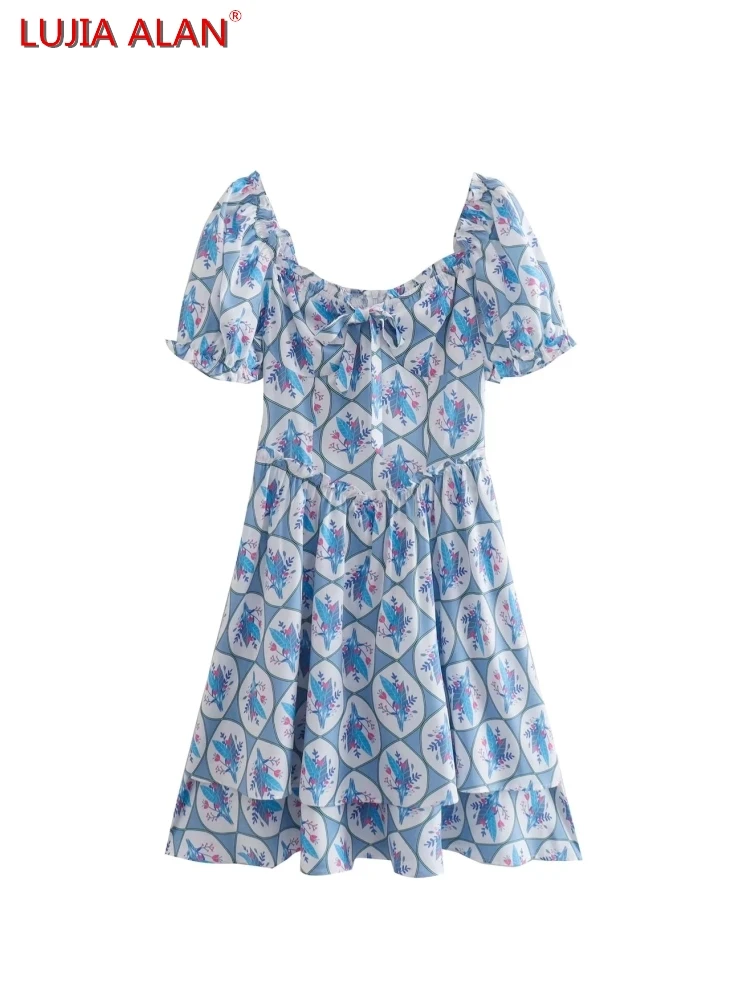 

Women Flower Print Cascading Ruffle Dress Summer Female Square Collar Puff Sleeve Loose Vestidos LUJIA ALAN WD036