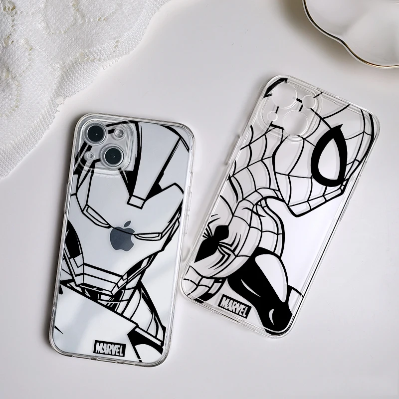Marvel Iron Man Spiderman phone case for iphone 11 12Pro Max 14 plus 13 Mini SE X XR 7 8 Plus 6 6s Plus XS MAX Transparent bag