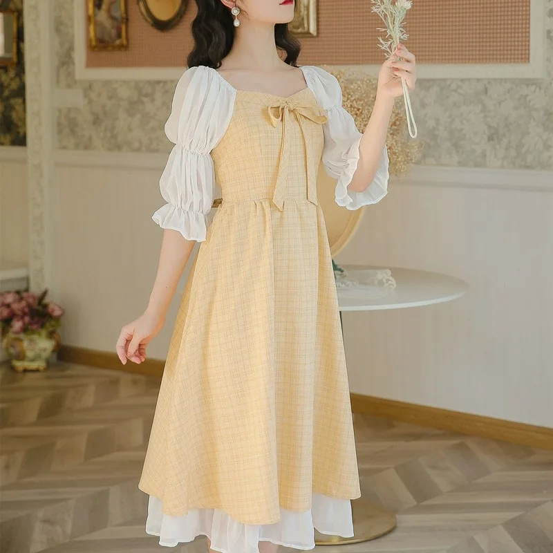 

2021 Vintage Kawaii Party Midi Dresses Women French Fairy Tale Plaid Yellow Dresses Puff Sleeve Sweet Cute Princess Dress Summer