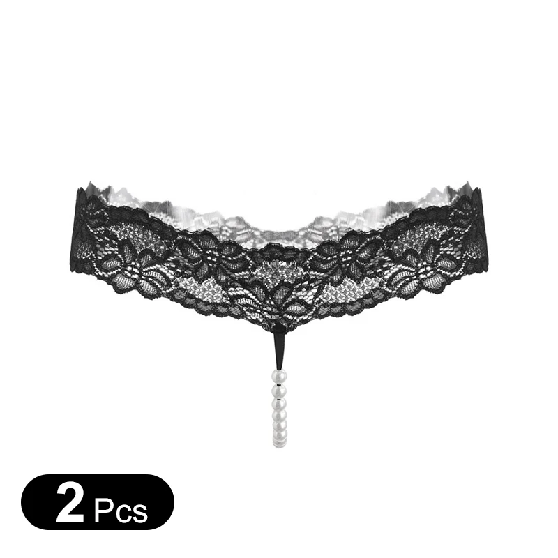 2Pcs/Solid Sexy Lace T-string Pants Pearl Massage Underpants Women's Transparent Sexy Thong Pants Sexy Panties Women