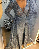 grey long sleeves formal evening dresses v neck lace shiny beaded mermaid floor length arabic dubai party guest prom gowns 2022