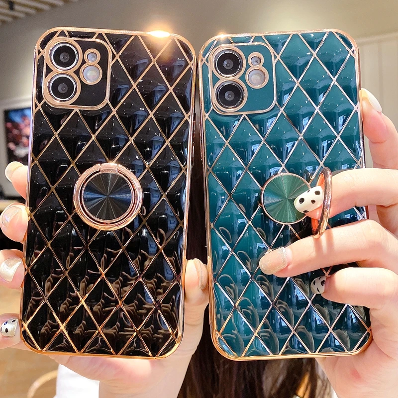 

Luxury Electroplated Phone Case For iPhone 11 12 13 Pro Max XS X XR 7 8 Plus SE 2020 Stand Ring Silicone Shockproof Case Cover