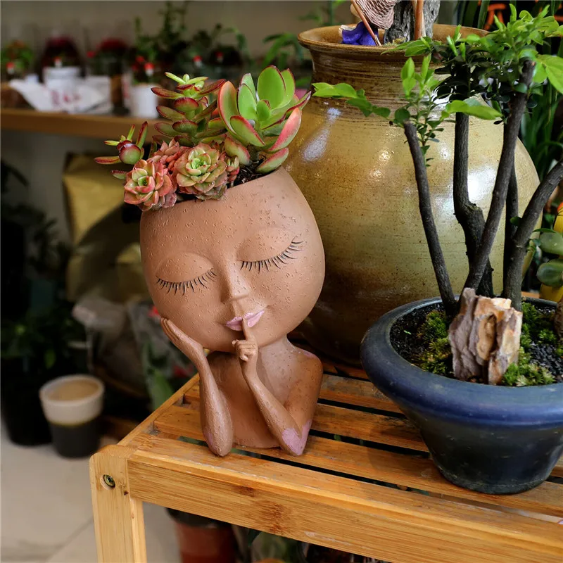 Горшок для цветов с лицевой головкой девочек контейнер суккулентов из смолы