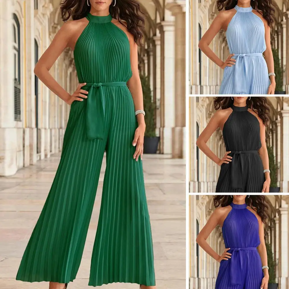 

Women Jumpsuit Halter Pleated Summer Lace-up Wide Leg Jumpsuit Streetwear