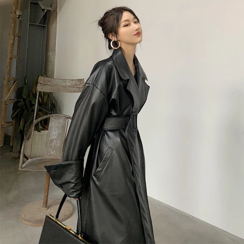 Oversized leatherLautaro Long trench coat for women long sleeve lapel loose fit Fall Stylish black women clothing streetwear enlarge