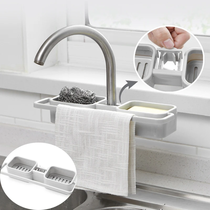 

Kitchen Sink Faucet Storage Rack Sponge Soap Cloth Drain Racks Household Bathroom Gadgets Holder Shelf No Drills Required