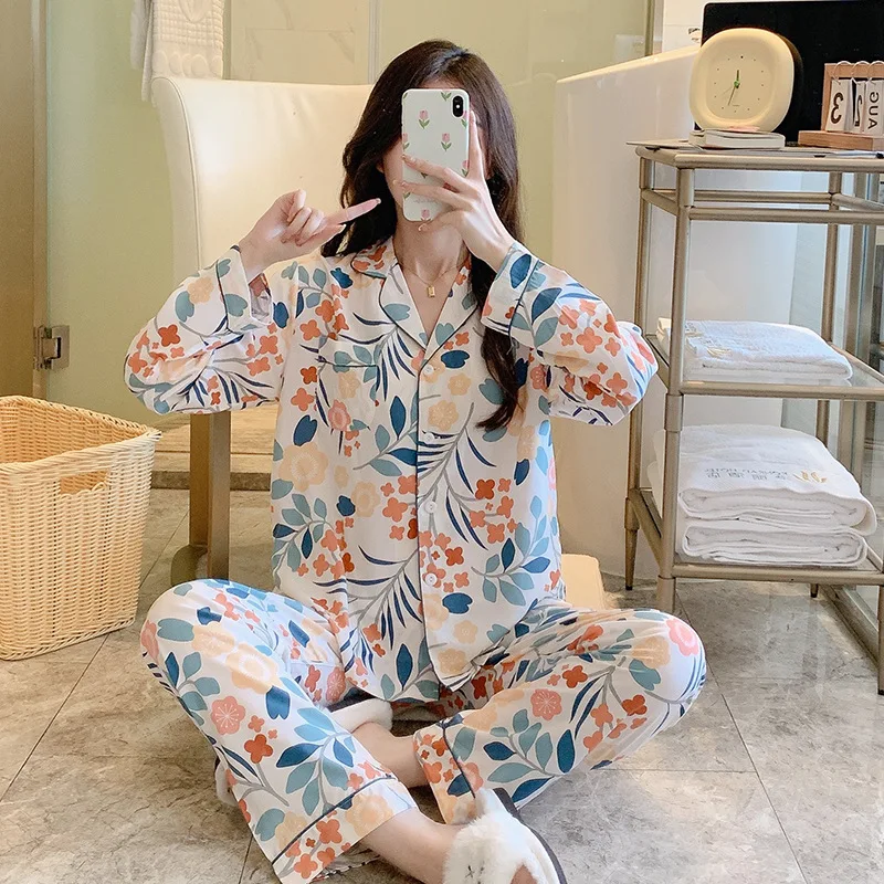 New Cotton Silk Pajamas Lady Spring  Autumn Long-sleeved Two-piece Set Cute Print Thin Cardigan Pyjamas Women