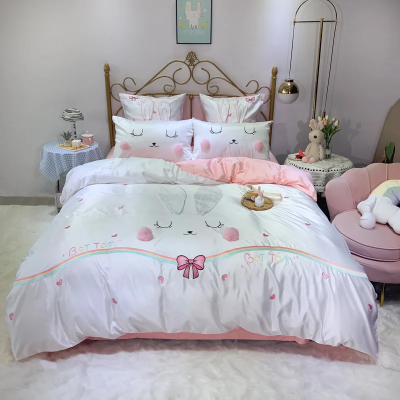 

Cute Cartoon Rabbit Embroidery Silk Cotton Girl Bedding Queen King Double Duvet Cover Set Bed Linen Pillowcases Home Textile