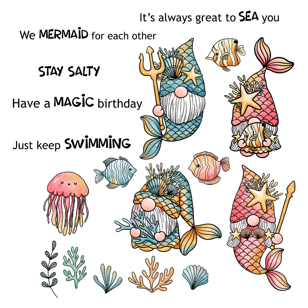 

Mangocraft Cute Mermaid Gnomes Cutting Dies Clear Stamps DIY Scrapbooking Metal Dies Silicone Stamps For Cards Albums Decor