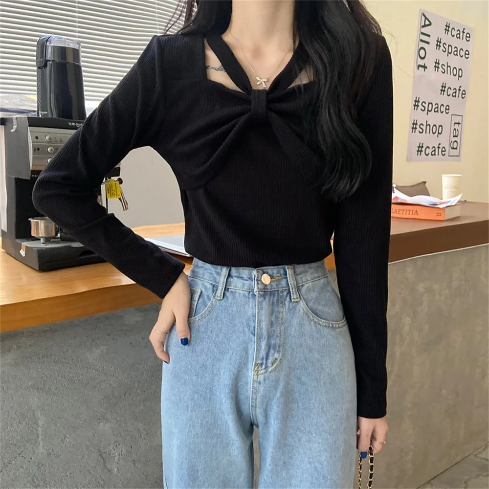 

Chic sweet and spicy knitted top women's 2023 early autumn with bottomed long-sleeved T-shirt design sense age-reducing foreign