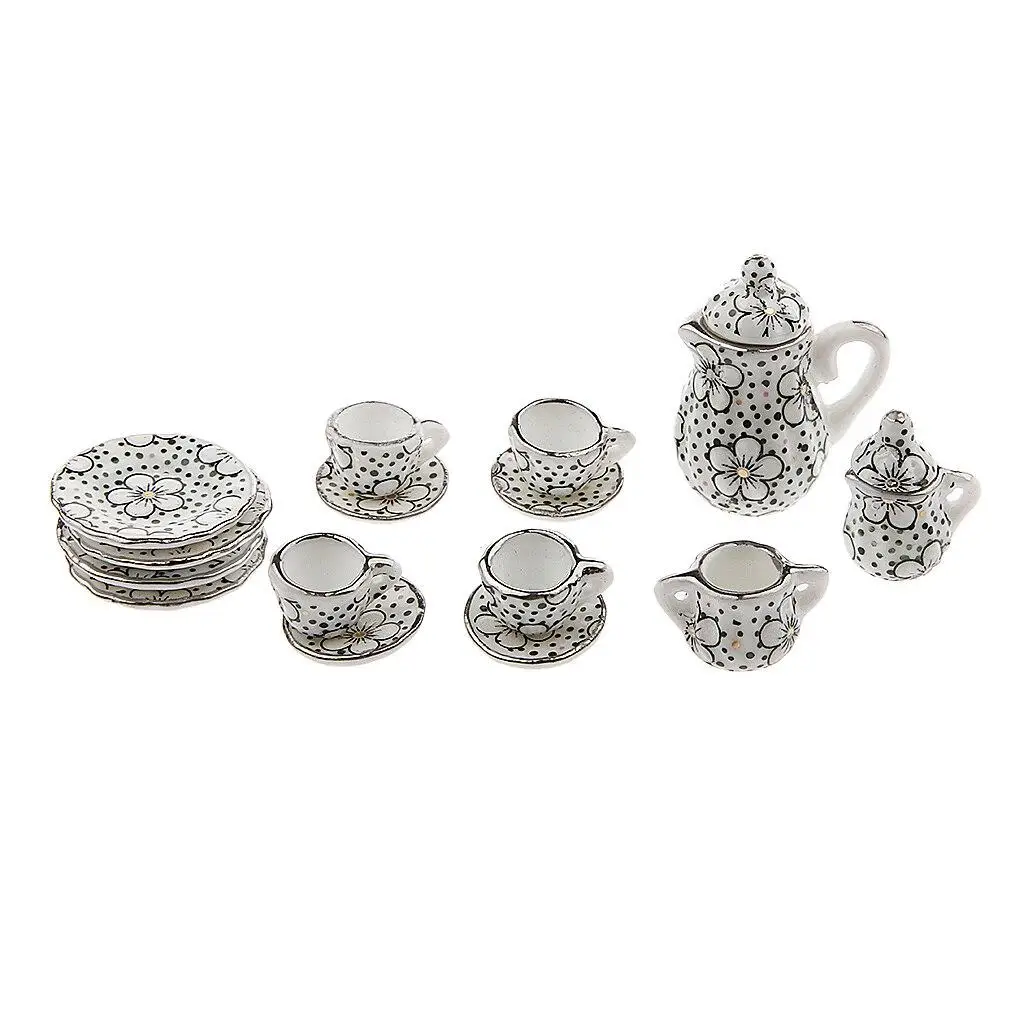 

17pcs Doll House Miniature Dining Ware Porcelain Coffee Tea Set White Floral