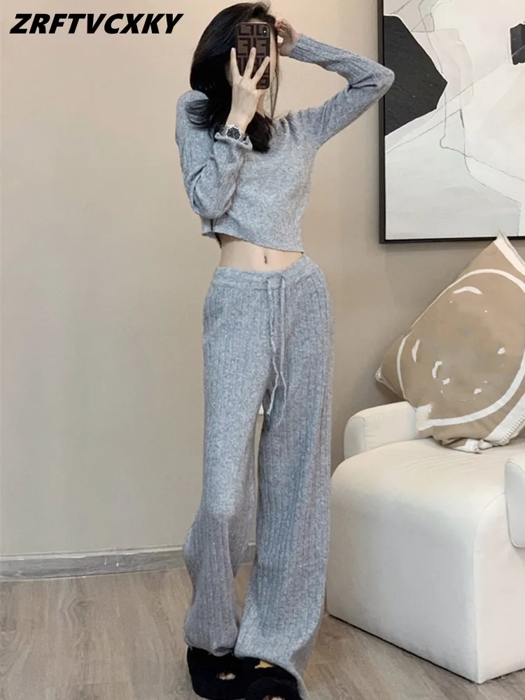 

Ladies 2 Piece Set Autumn Knit Long Sleeve Sweater Pullover Top+Wide Leg Pants Sets Female Elegant Casual Soft Trousers Outfits