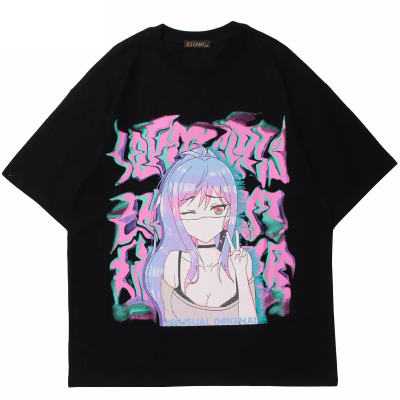 

2022 Spring Y2k Hip Hop Streetwear Men's clothing clothes Oversized t-shirt Anime Girl Illusion Print Short Sleeve Cotton Tops