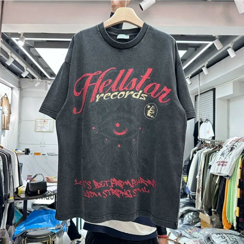 

Summer Fashion Brand Hellstar Creative Fun Staring Eyes Print T-shirt Retro Old Men's and Women's Loose Hip Hop Short Sleeves