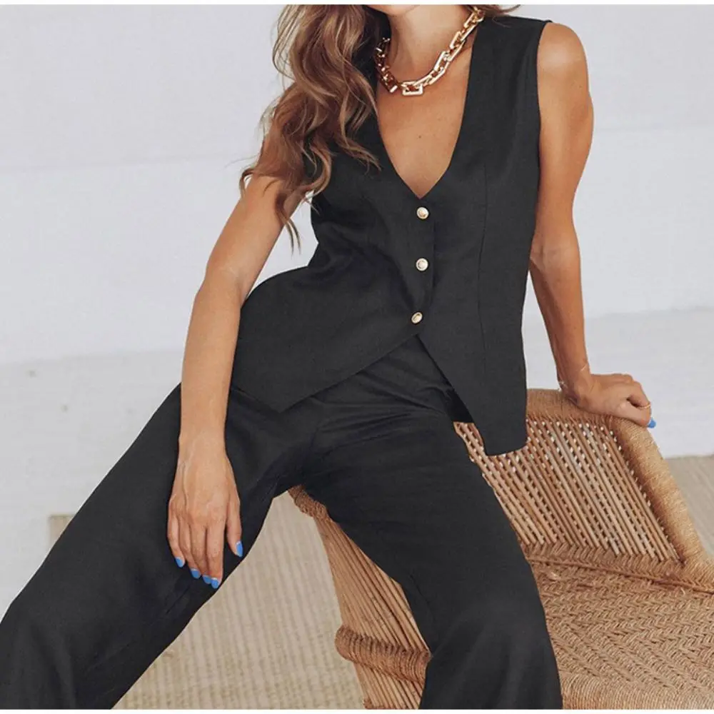 Sexy Black V-Neck Buttoned Slit Vest Pants Women Suit 2023 Summer Sleeveless Wide Leg Pant Female Suits Fashion Office Lady Set